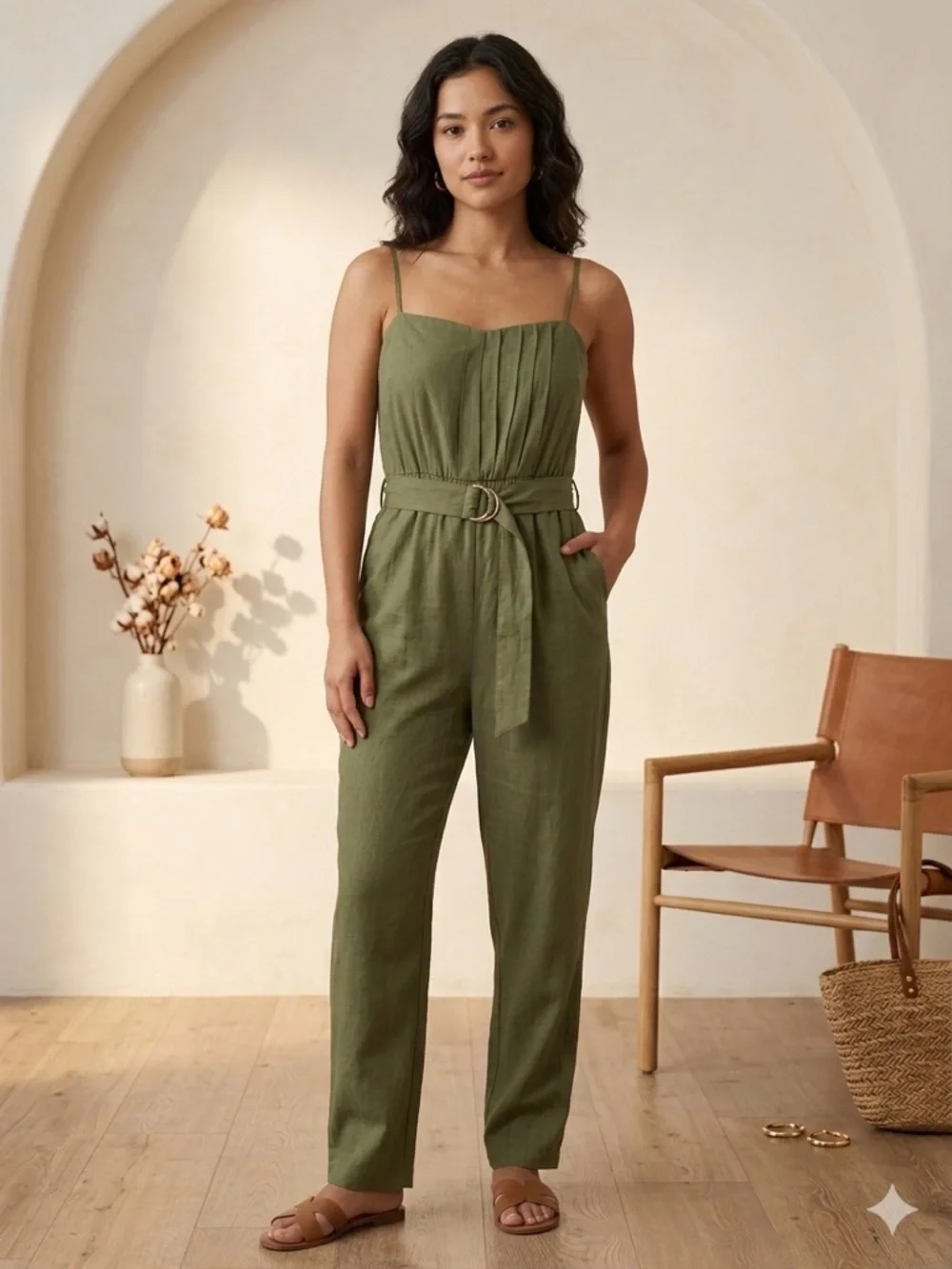 Zara Olive Green Linen-Blend Belted Spaghetti-Strap Jumpsuit